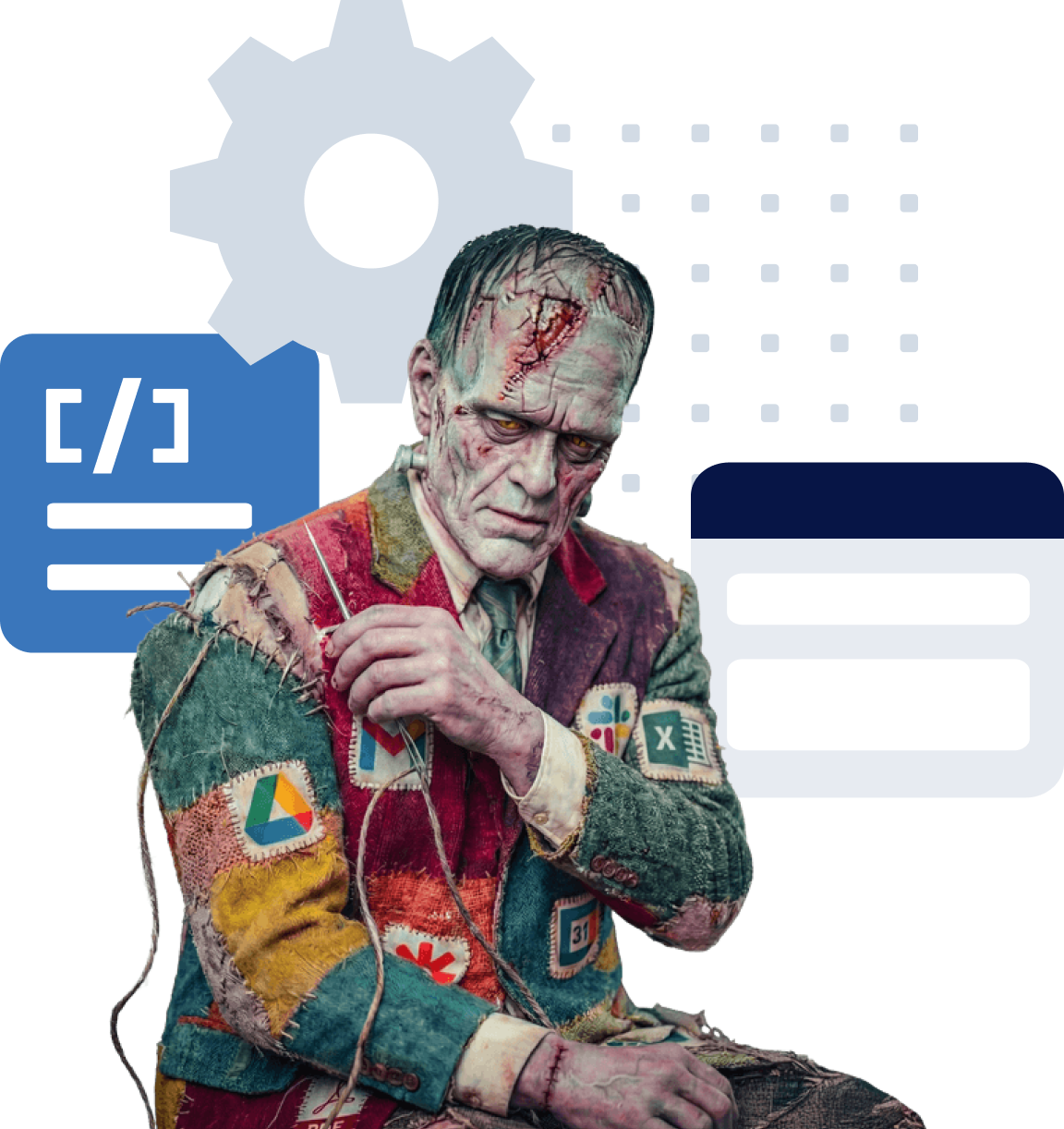Frank mascot with custom software solution visualization